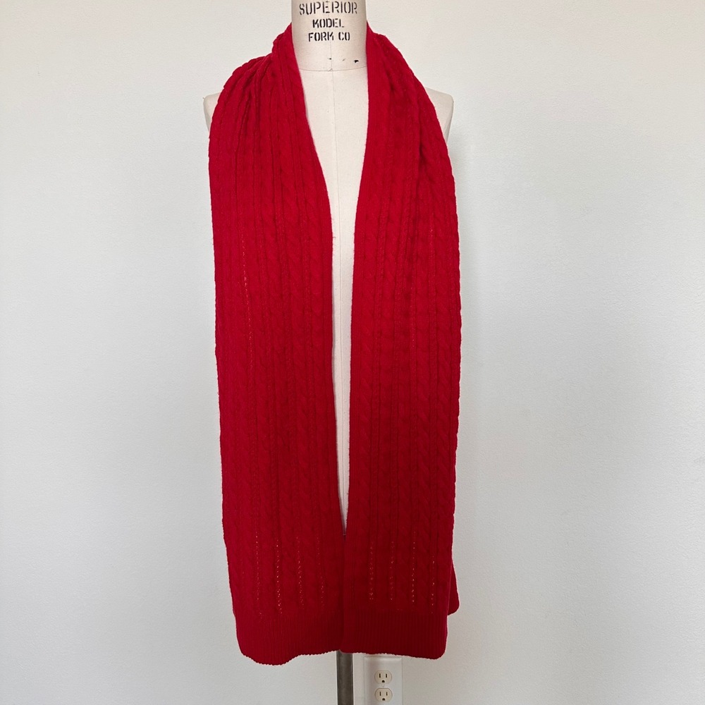 Talbots Red Cable Knit Scarf Cotton Blend Winter Ribbed Trim Christmas holidays